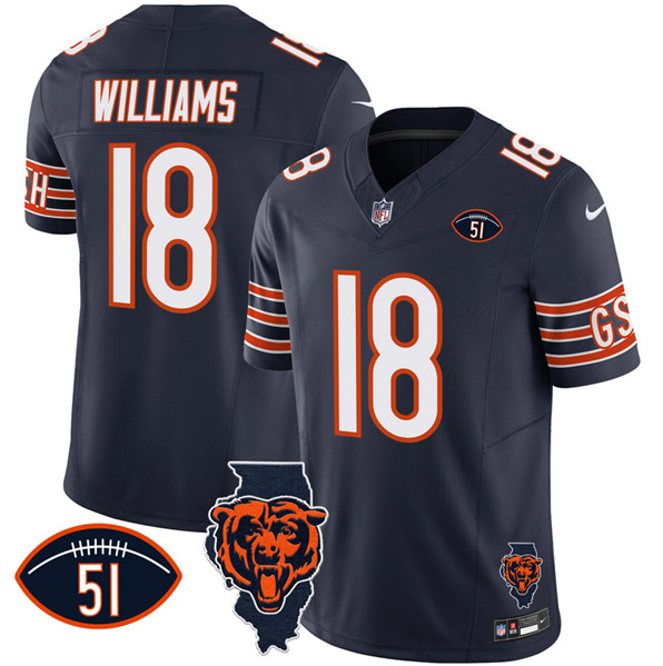 Men's Chicago Bears #18 Caleb Williams Navy F.U.S.E. With Illinois and No. 51 Patch Stitched Football Jersey